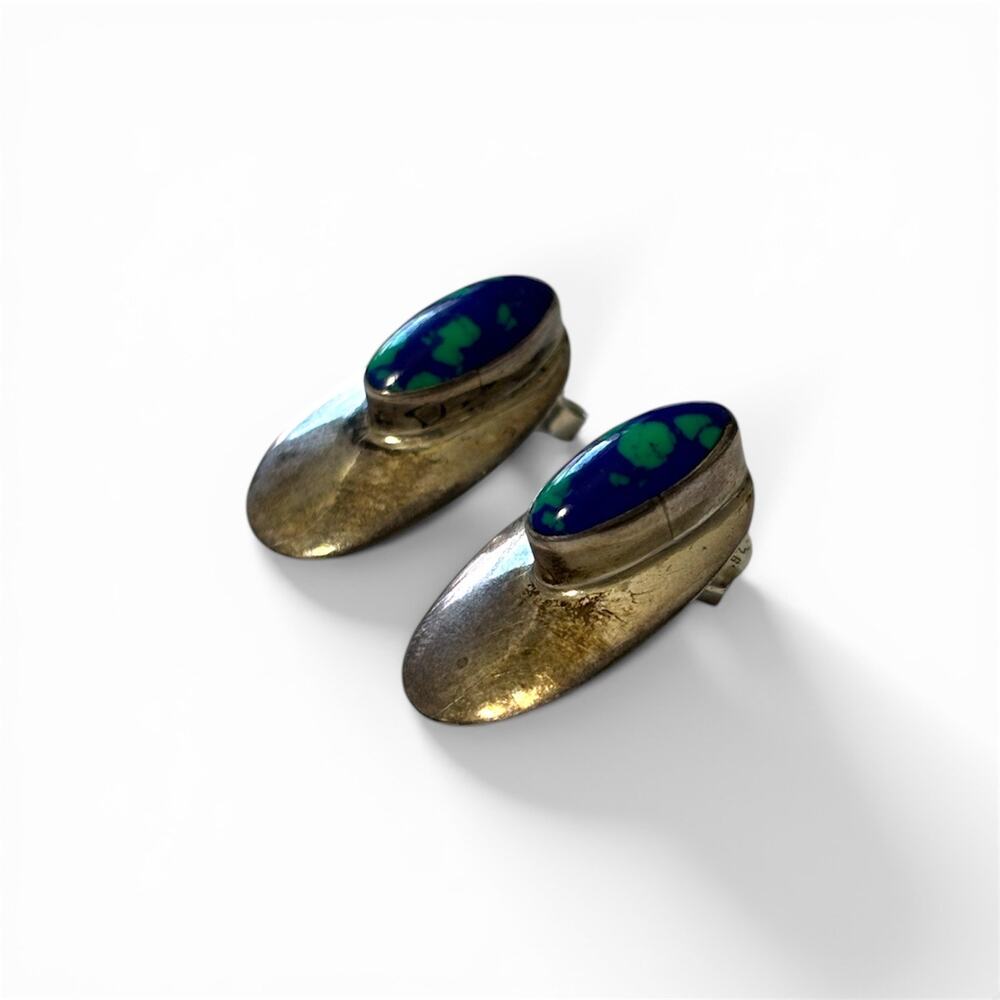 VTG Block Azurite Malachite Oval Earrings Sterling Silver 925 Studs - Tarnished - Picture 2 of 4